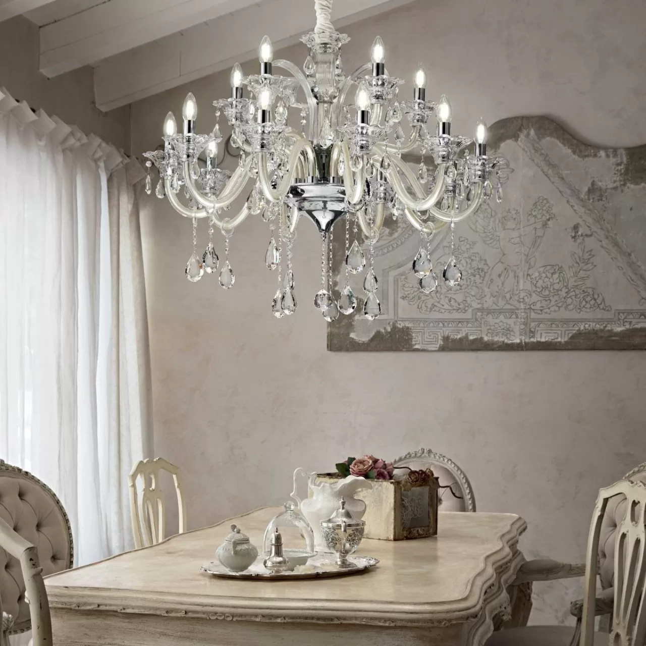 Ideal Lux Colossal 15 Arm Two Tier Ivory White Glass Chandelier 081564