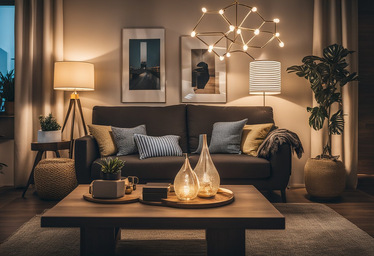 Dnevni boravak s modernim lusterom od žarulja, stolnim lampama i svijećama na niskom stolu