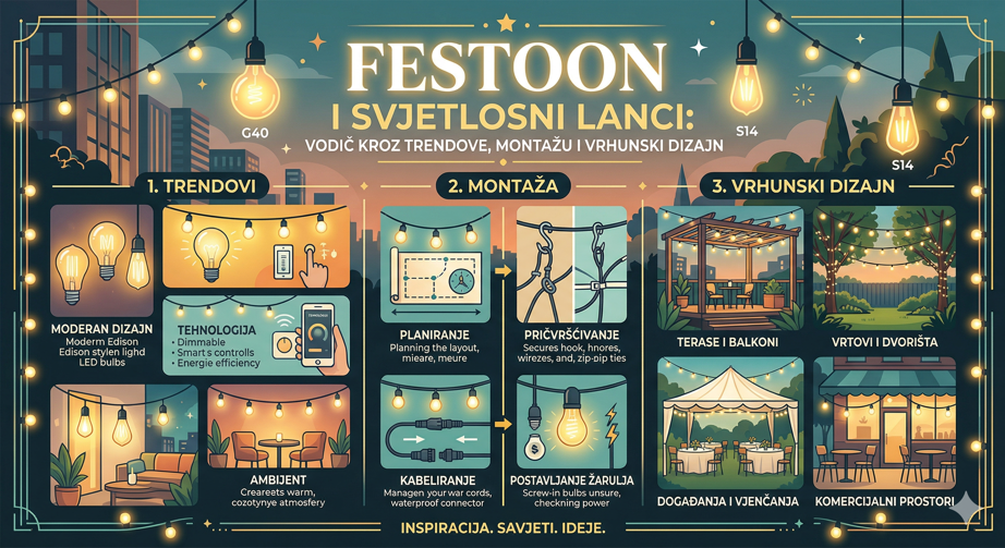 Festoon rasvjeta i svjetlosni lanci: Vodič kroz trendove, montažu i vrhunski dizajn