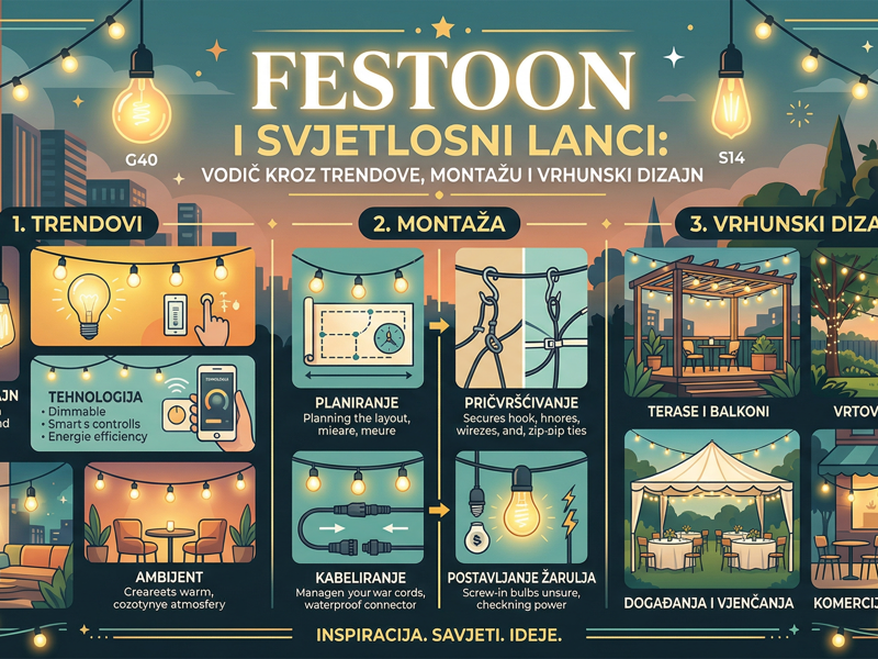 Festoon rasvjeta i svjetlosni lanci: Vodič kroz trendove, montažu i vrhunski dizajn