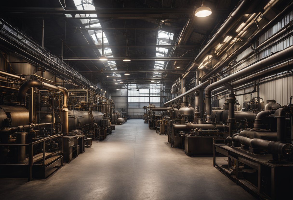 Grub industrijski prostor s izloženim cijevima i metalnim elementima, osvijetljen rasvjetom u industrijskom stilu