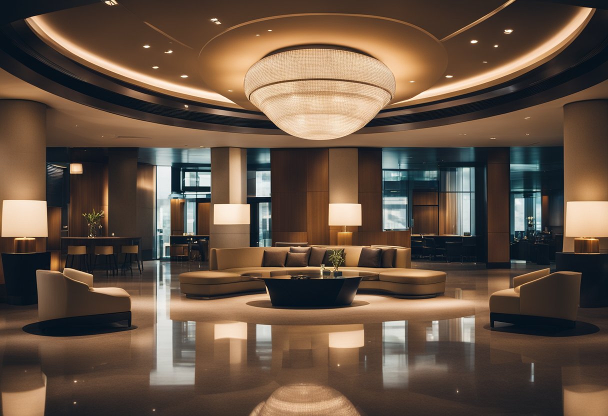Hotelska predvorje s modernim, ambijentalnim osvjetljenjem i elegantnim elementima Hotelska predvorje s modernim, ambijentalnim osvjetljenjem i elegantnim elementima