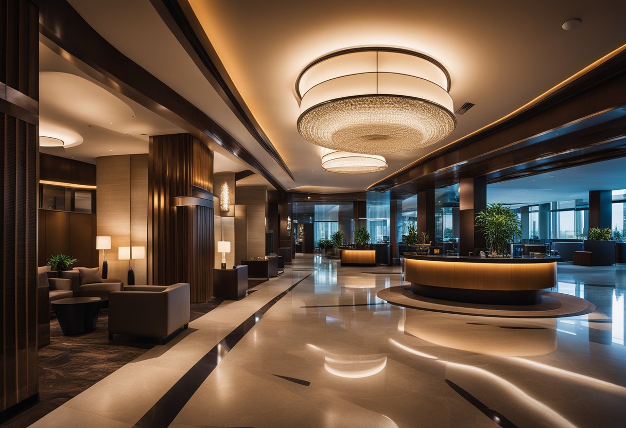 Hotelska recepcija s kružnim stropnim svjetiljkama i zonama ambijentalne rasvjete