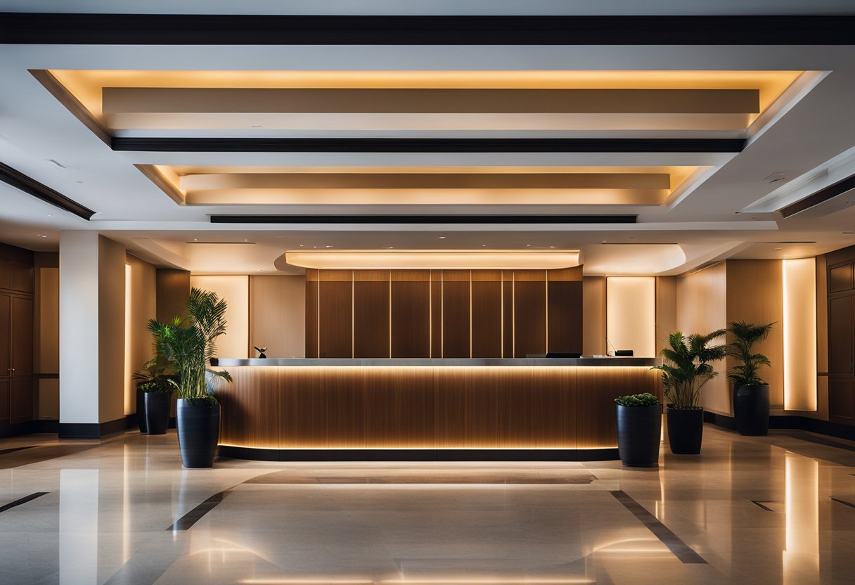 Hotelska recepcija s modernim, elegantnim svjetlosnim tijelima koja isijavaju toplu i ugodnu svjetlost kroz cijeli prostor Hotelska recepcija s modernim, elegantnim svjetlosnim tijelima koja isijavaju toplu i ugodnu svjetlost kroz cijeli prostor