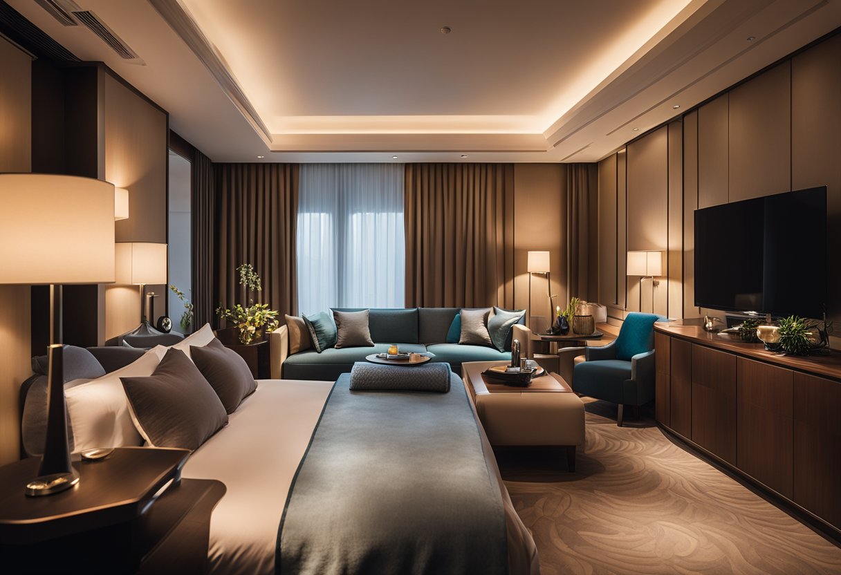 Hotelska soba s toplim ambijentalnim svjetlom iz skrivene stropne LED rasvjete i stolnih lampi Hotelska soba s toplim ambijentalnim svjetlom iz skrivene stropne LED rasvjete i stolnih lampi