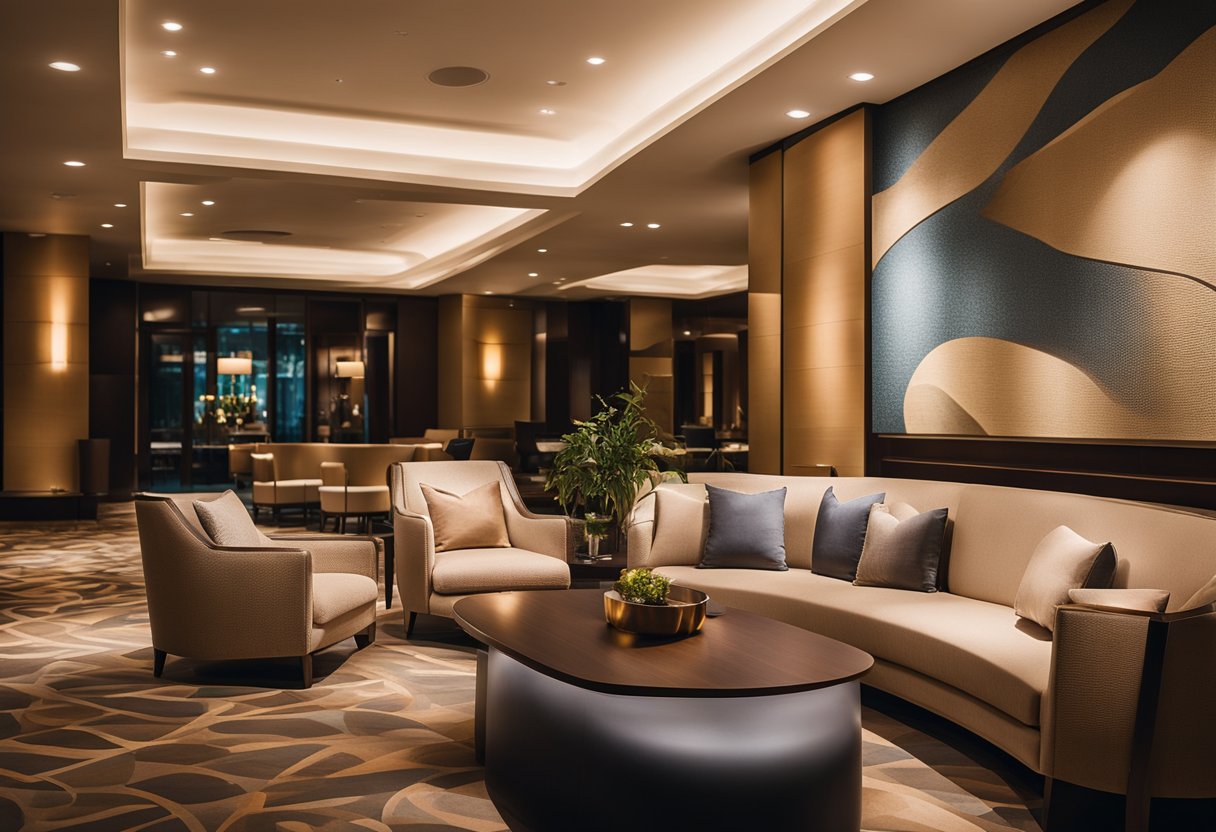 Hotelski lounge s foteljama, stropnim LED linijama i toplom ambijentalnom rasvjetom