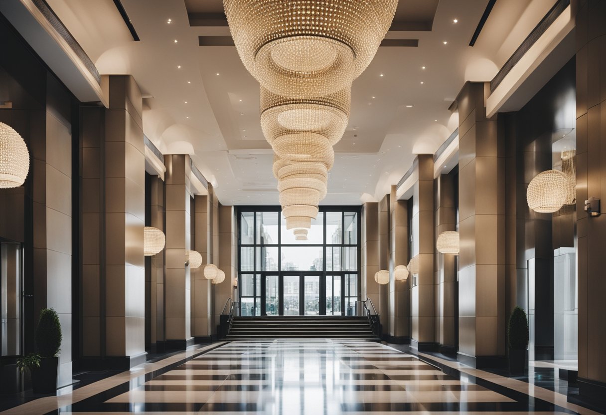 Impozantan ulaz s modernim rasvjetnim tijelima i elegantnim arhitektonskim detaljima Impozantan ulaz s modernim rasvjetnim tijelima i elegantnim arhitektonskim detaljima