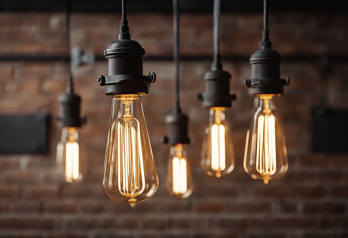 Industrijska rasvjeta – otvorene vintage filament žarulje vise na crnim nosačima ispred zida od opeke
