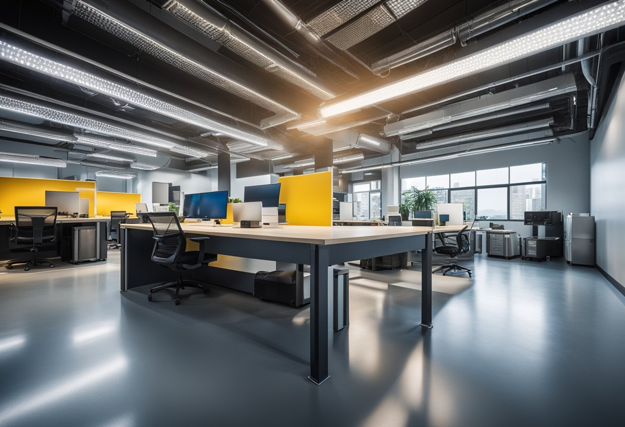 Industrijski radni prostor s nizom linearnih LED svjetiljki iznad radnih stolova i žutih elemenata