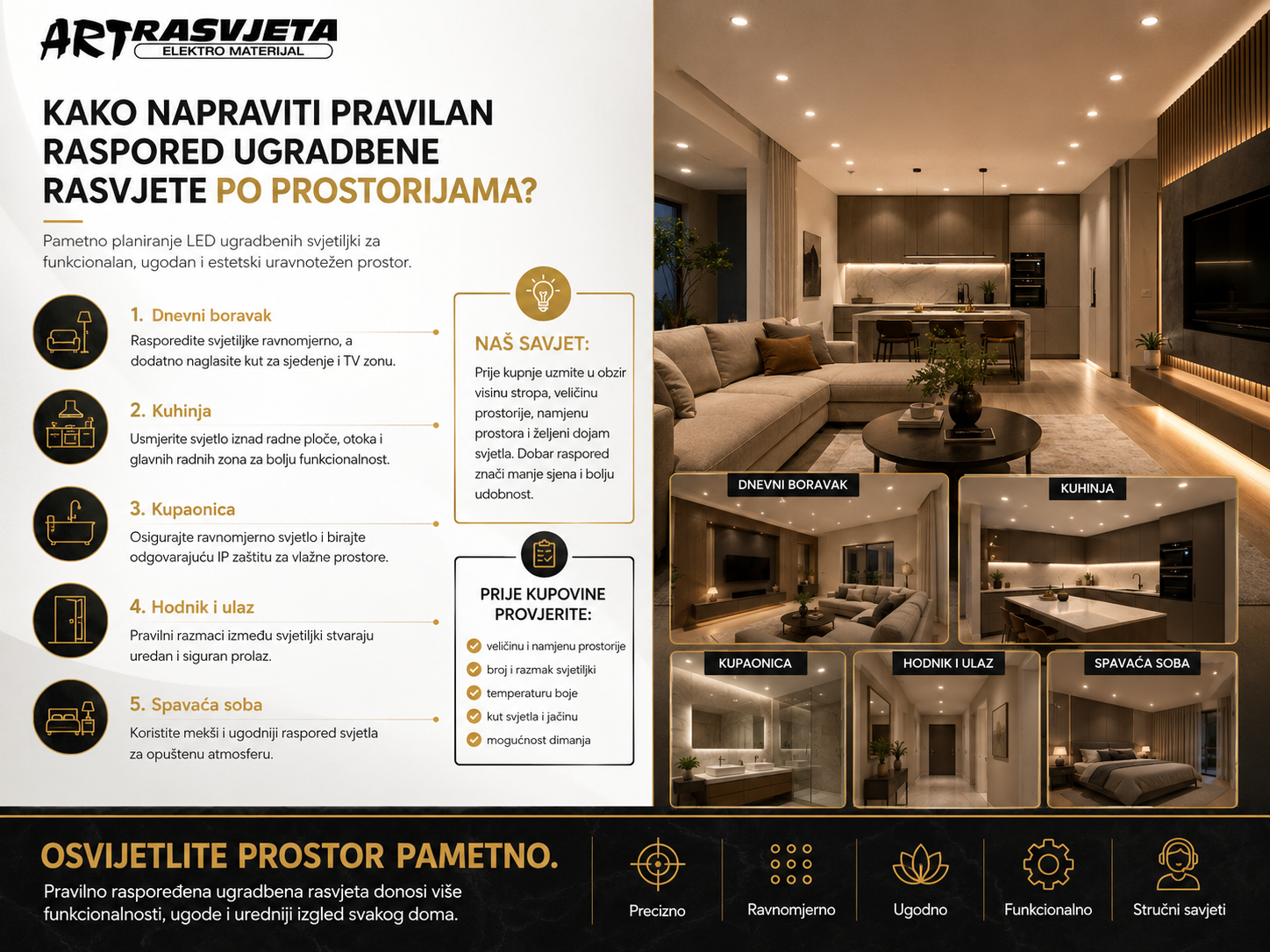 Kako napraviti pravilan raspored ugradbene rasvjete po prostorijama?