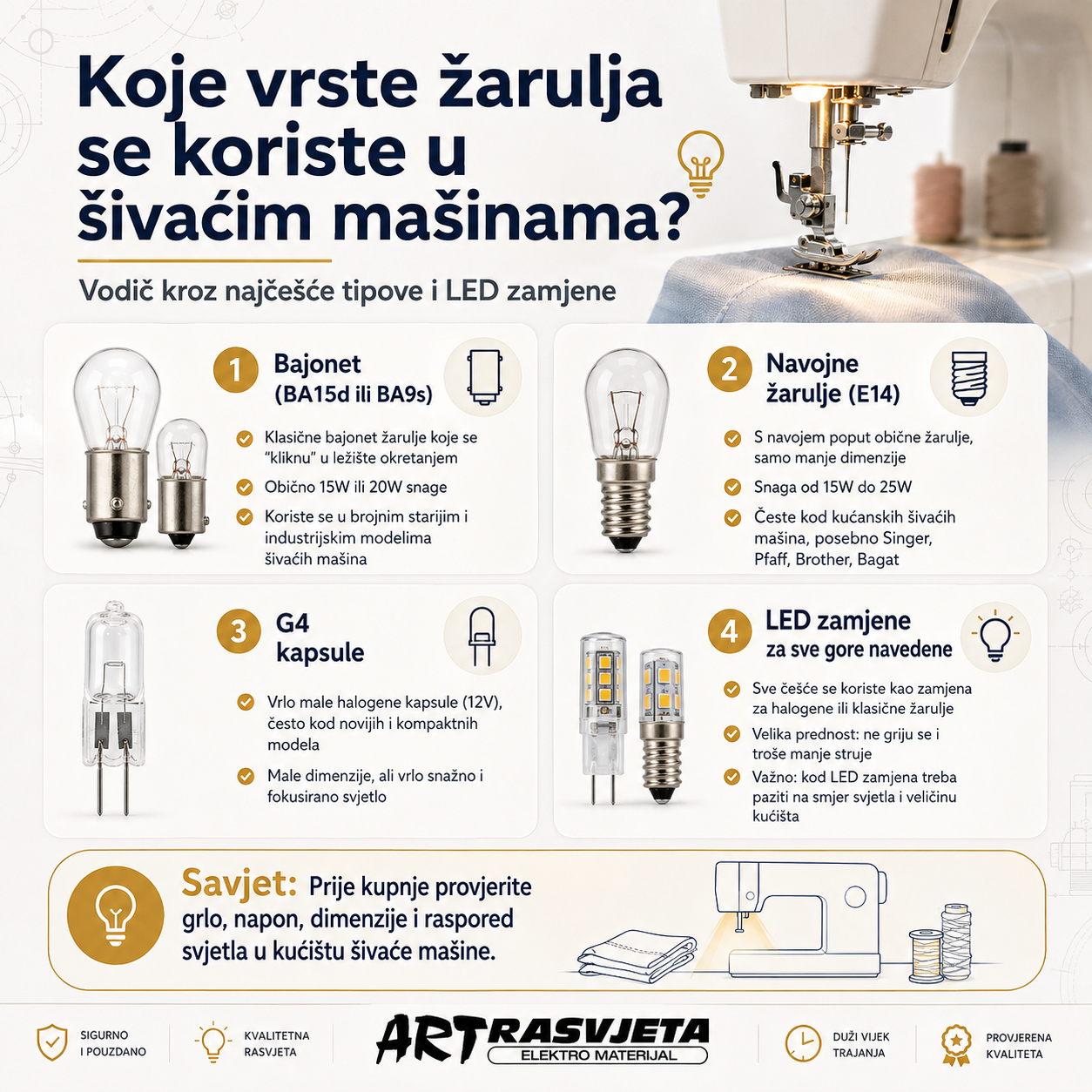 Koje vrste žarulja se koriste u šivaćim mašinama?