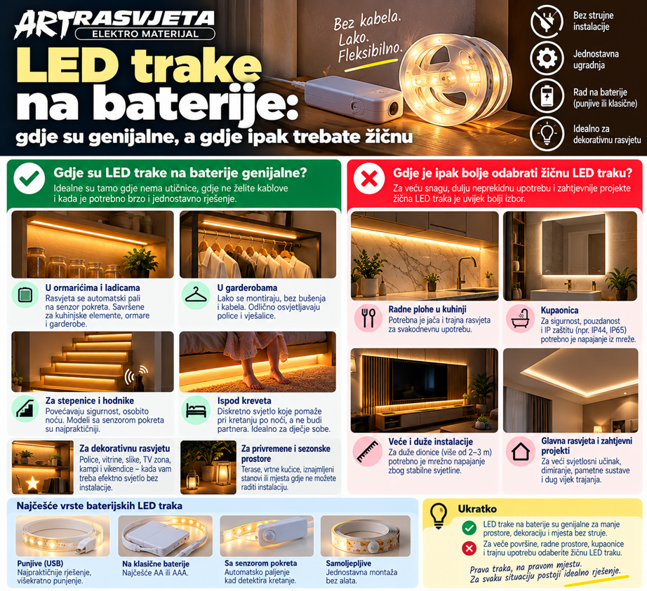 LED trake na baterije: gdje su genijalne, a gdje ipak trebate žičnu