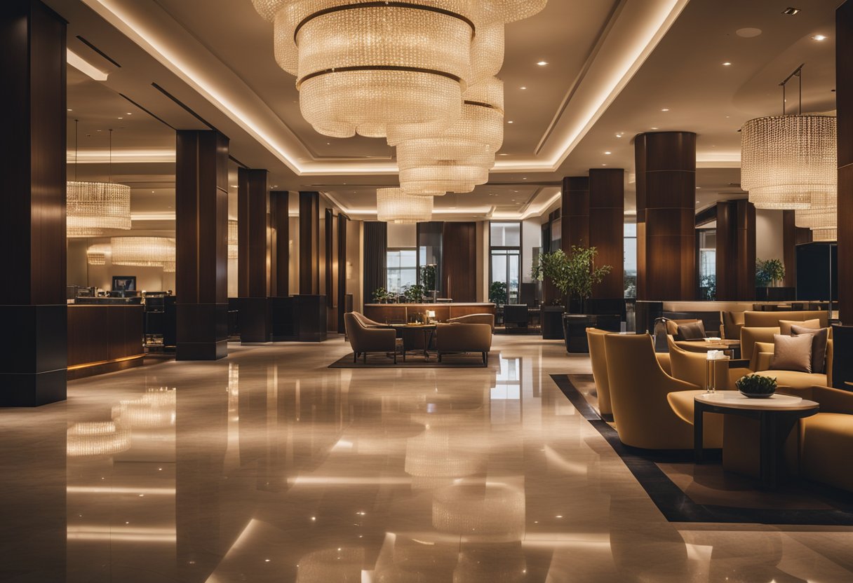 Luksuzni hotelski hol s elegantnim rasvjetnim tijelima koja osvjetljavaju prostor, stvarajući toplu i ugodnu atmosferu Luksuzni hotelski hol s elegantnim rasvjetnim tijelima koja osvjetljavaju prostor, stvarajući toplu i ugodnu atmosferu