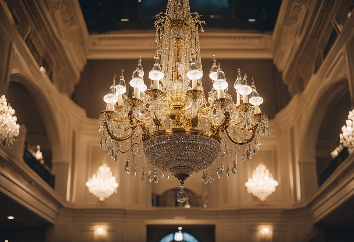 Luksuzni luster visi s visokog stropa, isijavajući toplu i elegantnu svjetlost preko veličanstvene, raskošne sobe