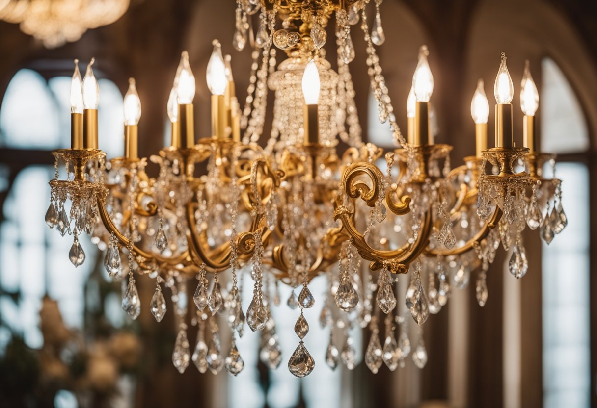 Luksuzni luster visi sa visokog stropa, bacajući topli i elegantan sjaj u velikoj i opulentnoj sobi