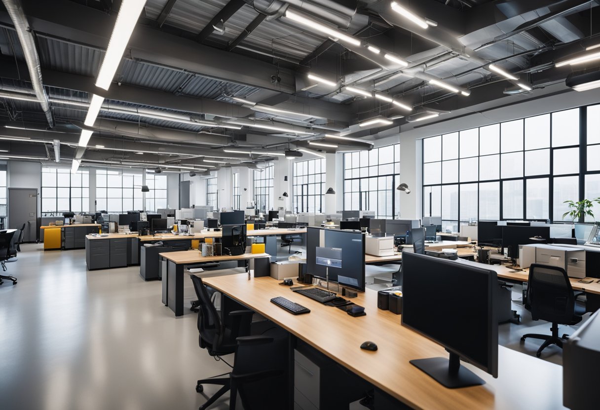 Moderan otvoreni ured s radnim stolovima i linearnim LED svjetiljkama na industrijskom stropu