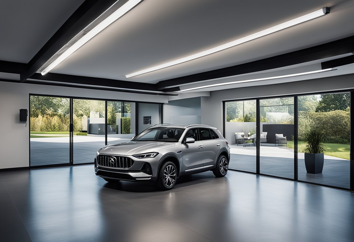 Moderna garaža sa srebrnim automobilom i dugim LED linijama na stropu