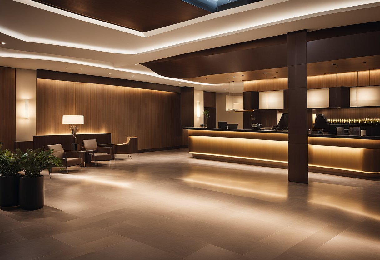Moderni hotelski hol s elegantnim, minimalističkim rasvjetnim tijelima koja bacaju topli sjaj po prostoru Moderni hotelski hol s elegantnim, minimalističkim rasvjetnim tijelima koja bacaju topli sjaj po prostoru
