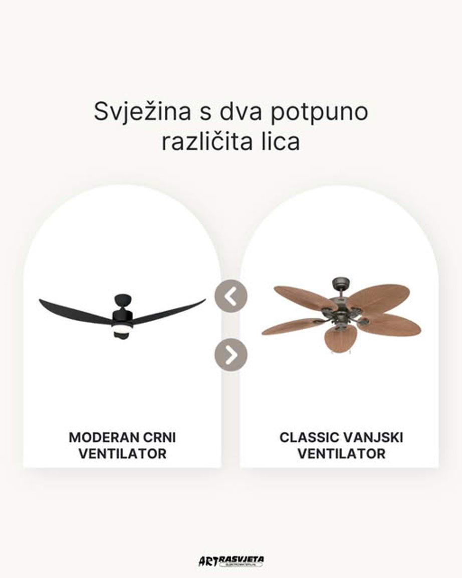 Odaberite svoj stil hlađenja: moderni crni ventilator s LED CCT funkcijom ili klasični vanjski venti