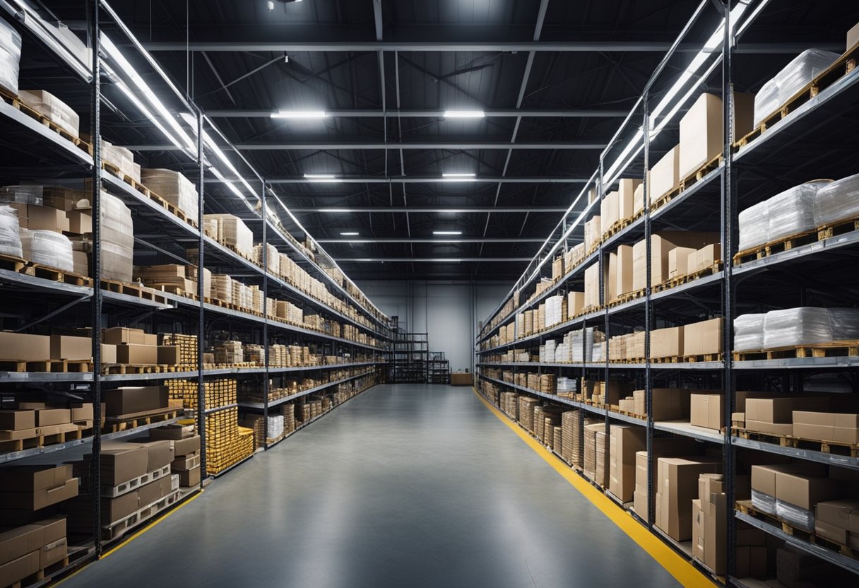 Prolaz između regala u industrijskom skladištu osvijetljen jakom LED rasvjetom, žute oznake na podu