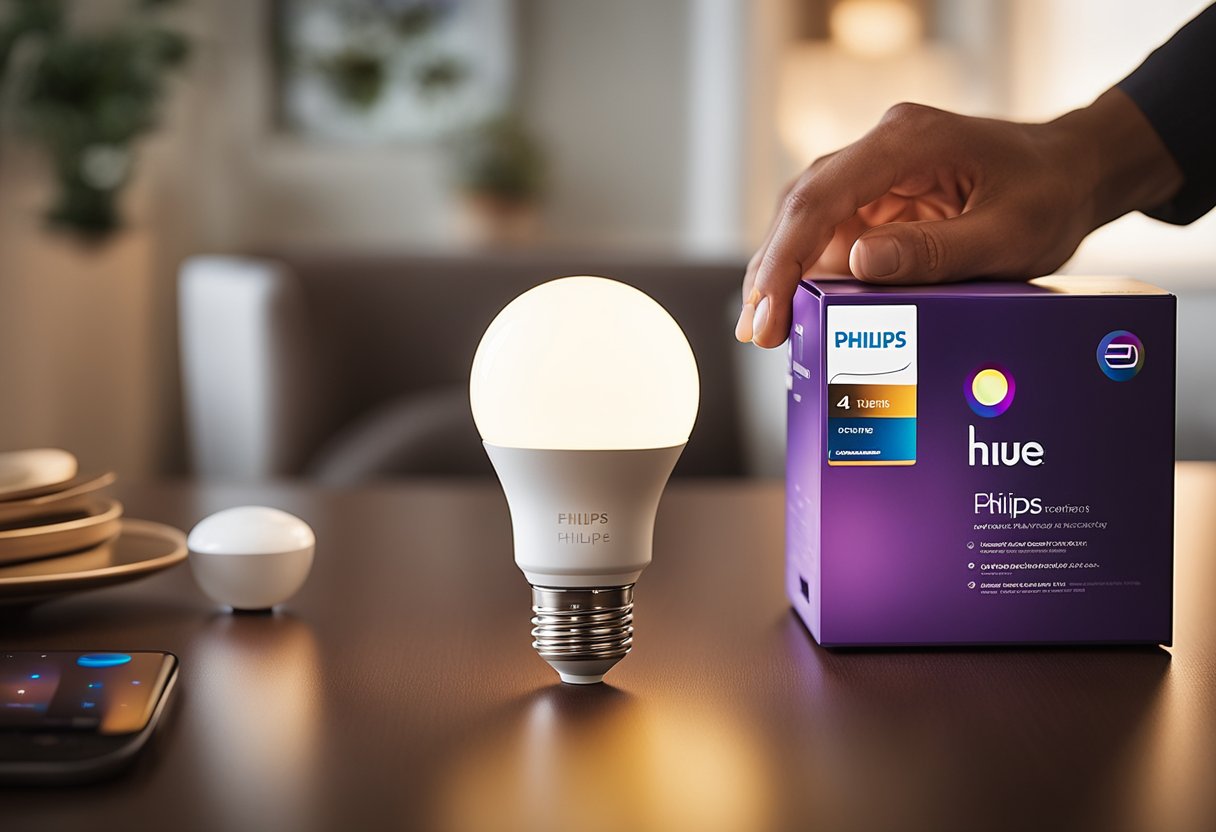 Ruka uz Philips Hue pametnu žarulju i kutiju Hue Bridge, povezivanje pametne rasvjete
