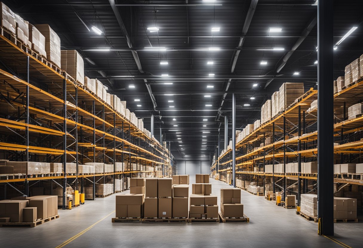 Skladište s regalima i kutijama osvijetljeno nizom industrijskih LED svjetiljki na crnom stropu