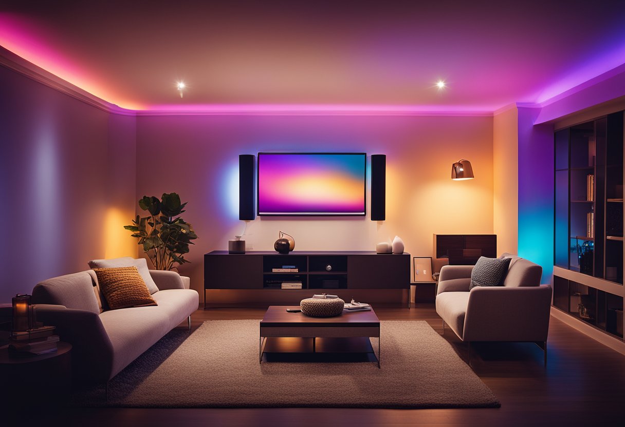 Soba s instaliranim Philips Hue starter kompletom, koja isijava šareni sjaj
