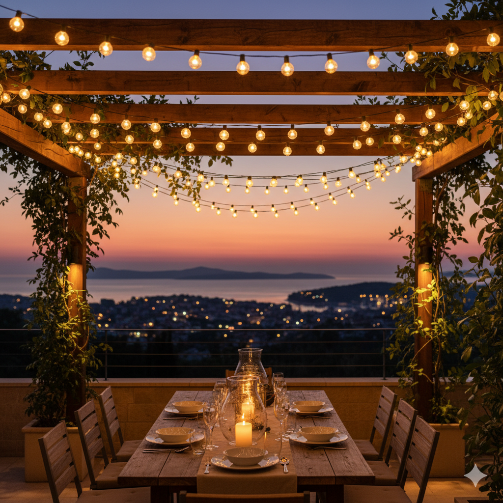 Terasa s girlandama u sumrak