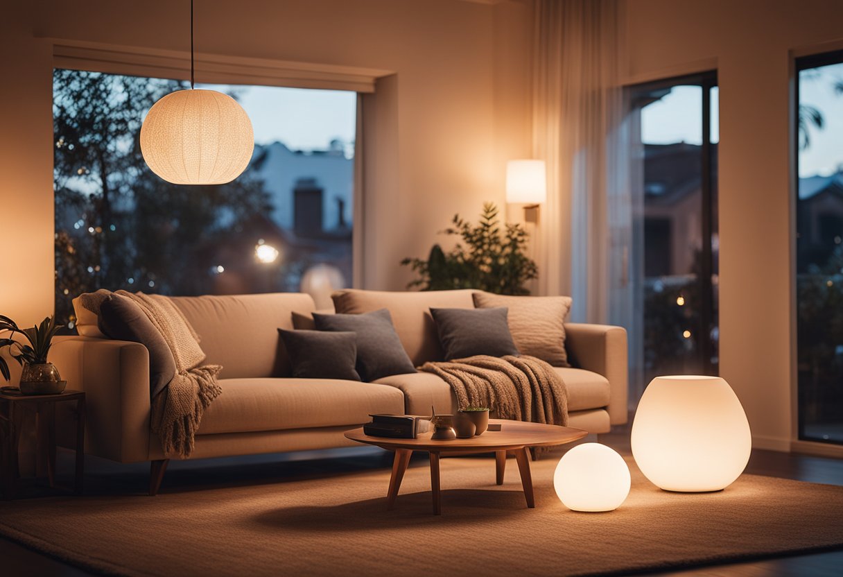 Udobna dnevna soba s toplim sjajem koji dolazi iz Philips HUE Starter paketa, osvjetljavajući prostor
