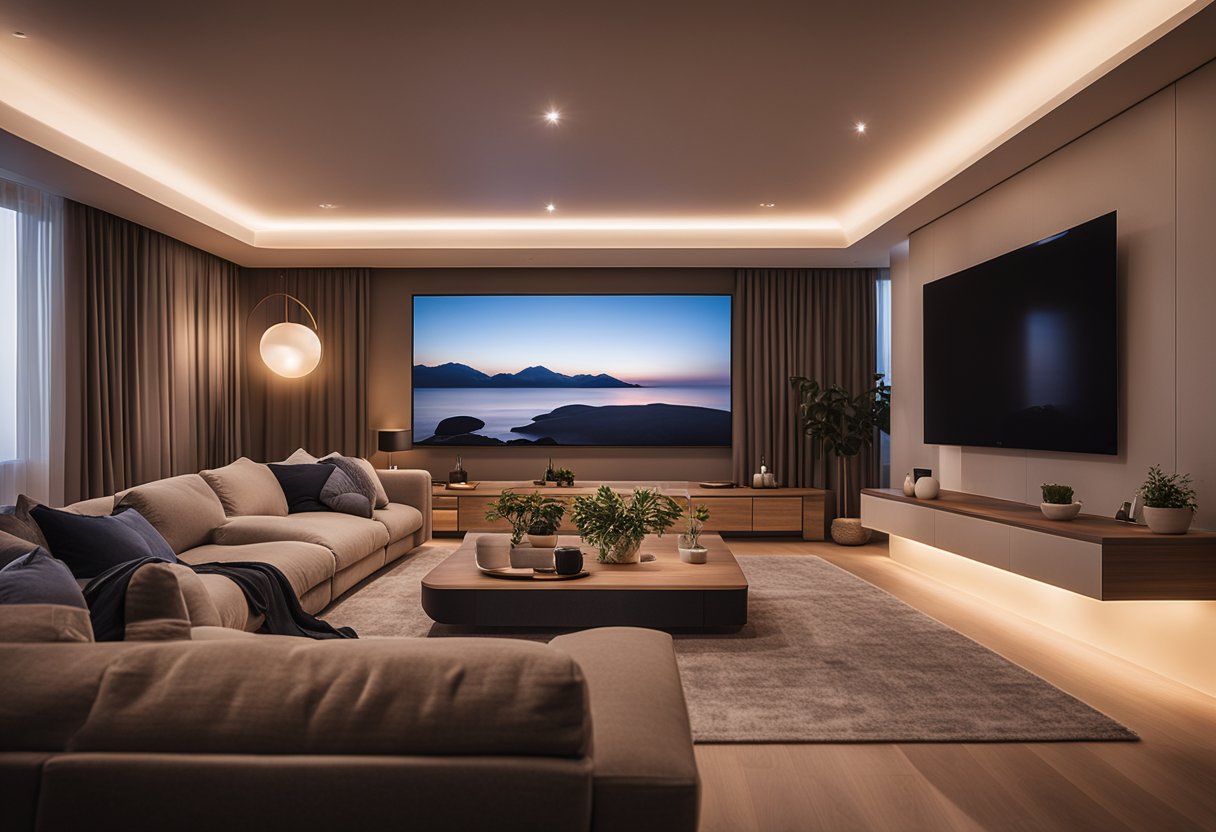 Ugodna dnevna soba s Philips HUE pametnim svjetlima integriranim u strop i lampe, stvarajući toplu i ugodnu atmosferu