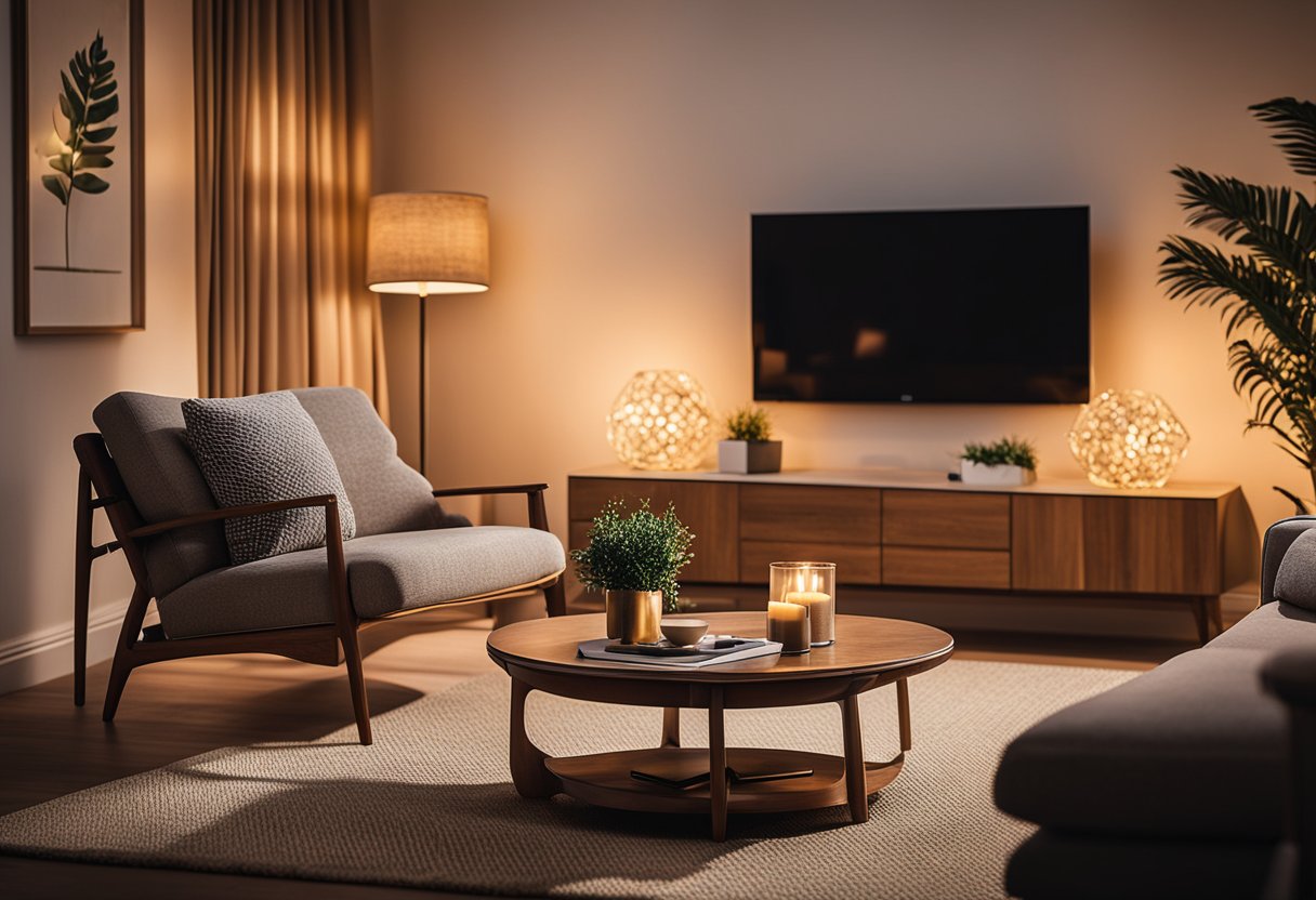 Ugodna dnevna soba s toplim, ambijentalnim osvjetljenjem iz Philips HUE žarulja, stvarajući opuštajuću atmosferu