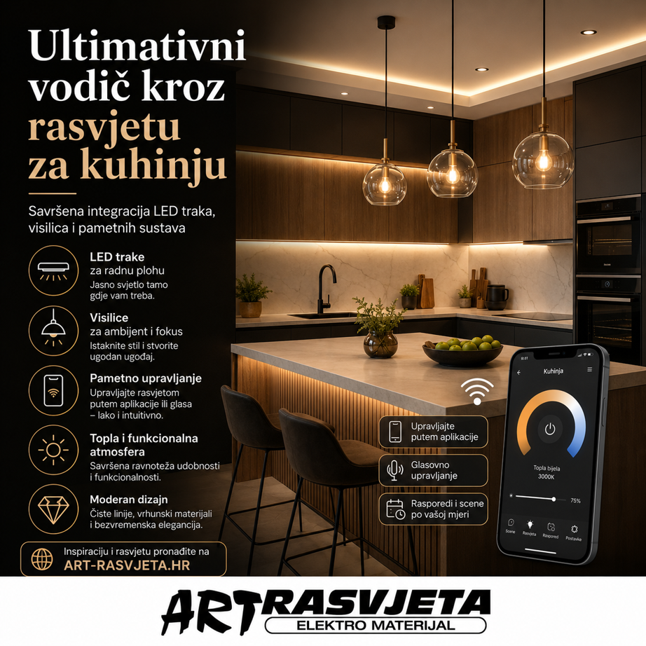 Ultimativni vodič kroz rasvjetu za kuhinju: Integracija LED traka, visilica i pametnih sustava
