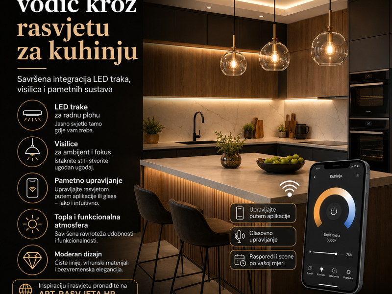 Ultimativni vodič kroz rasvjetu za kuhinju: Integracija LED traka, visilica i pametnih sustava