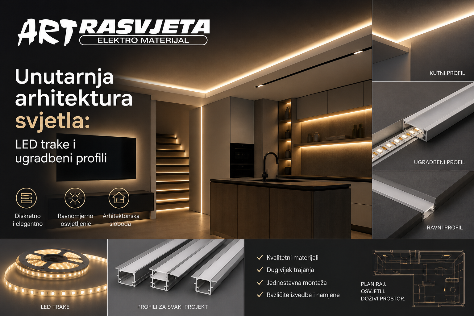Unutarnja arhitektura svjetla: LED trake i ugradbeni profili