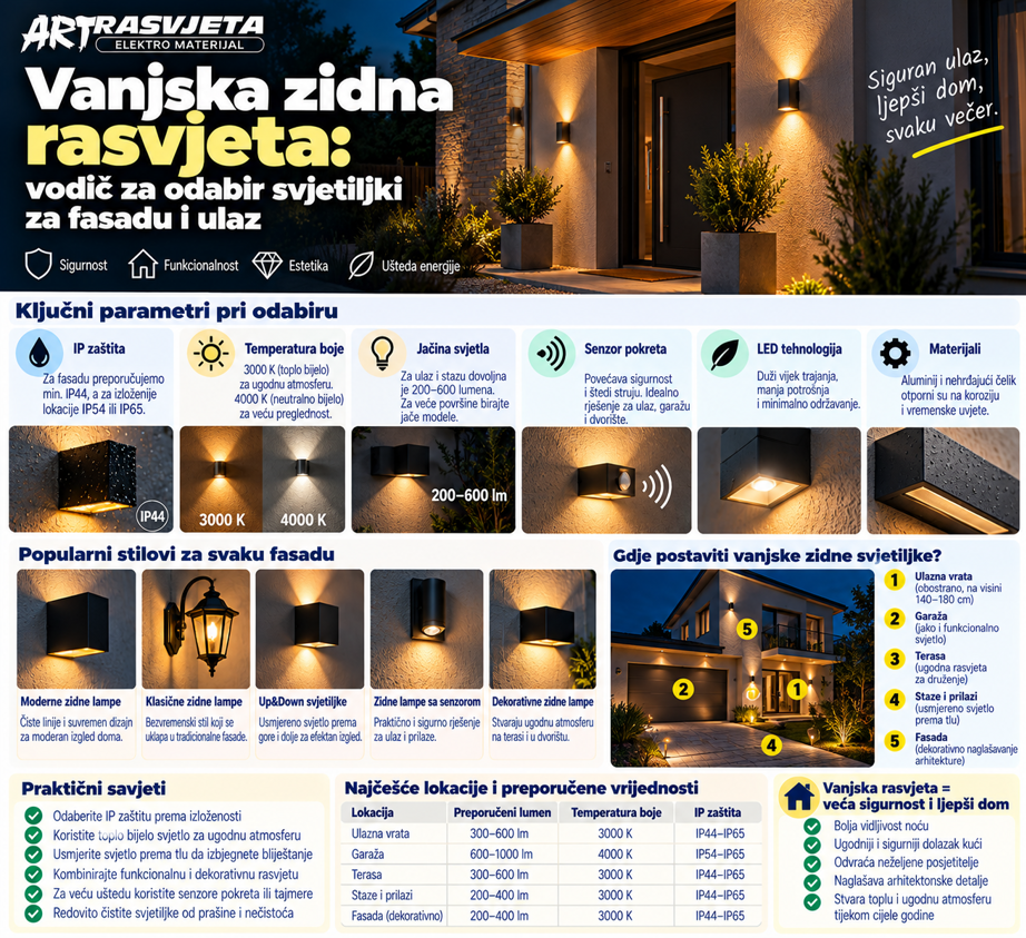 Vanjska zidna rasvjeta: vodič za odabir svjetiljki za fasadu i ulaz