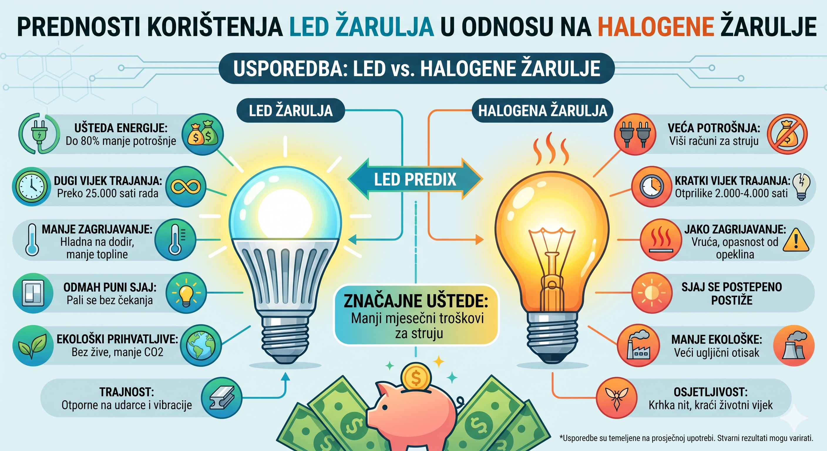 vizual na temu ; Prednosti korištenja LED žarulja u odnosu na halogene žarulje 