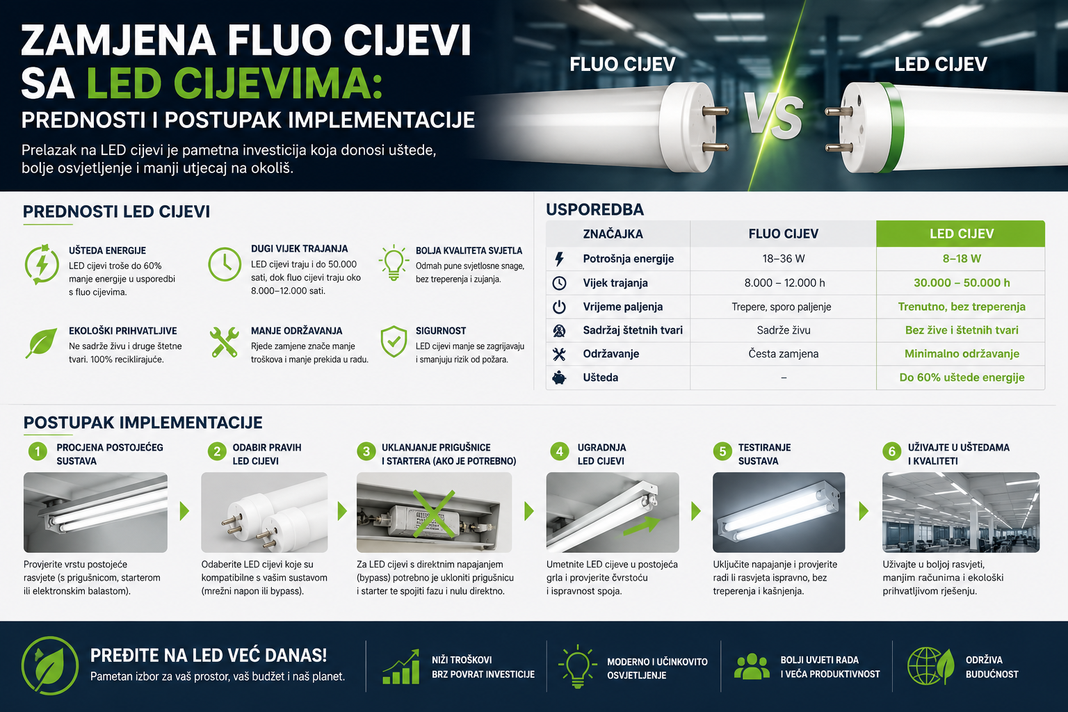 Zamjena fluo cijevi sa LED cijevima: Prednosti i postupak implementacije